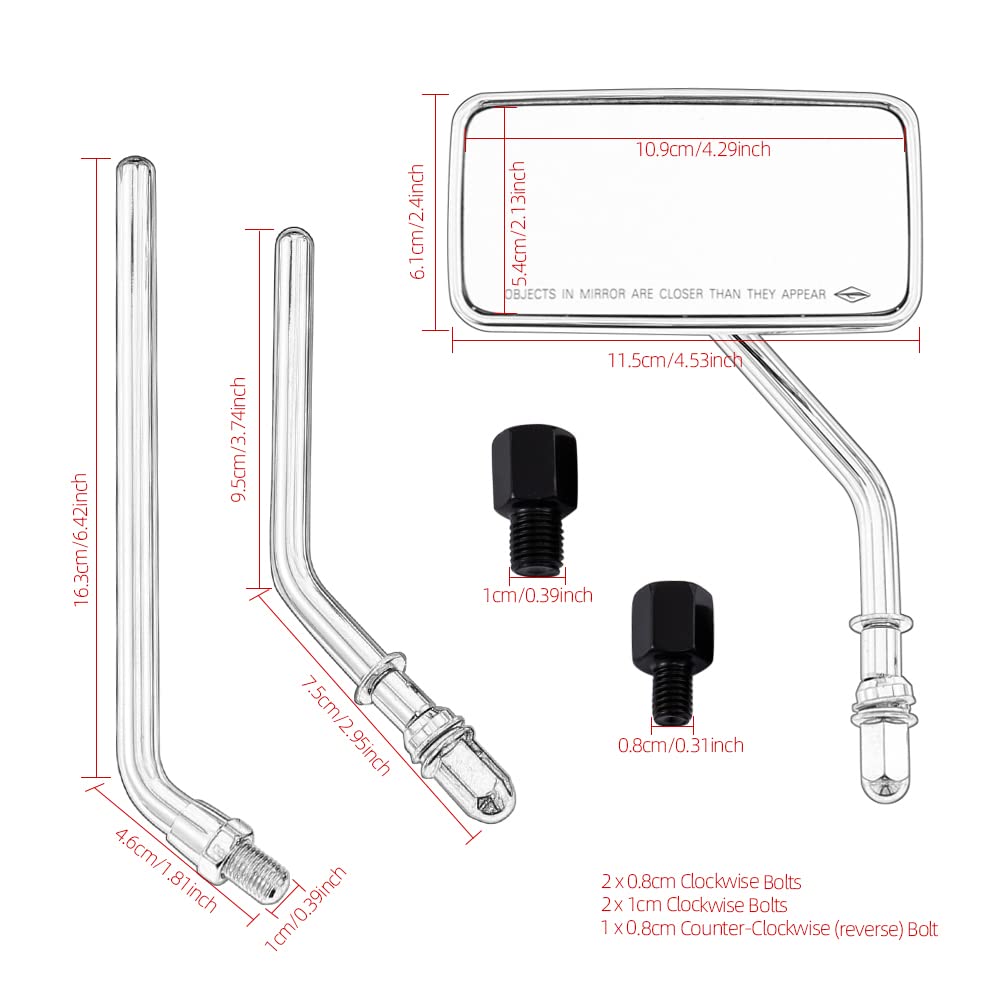 Rétroviseur de moto 8 mm 10 mm universel noir vintage en alliage d'aluminium rétroviseurs latéraux pour ATV Street Bike Cruiser Chopper Rectangle (Argent)