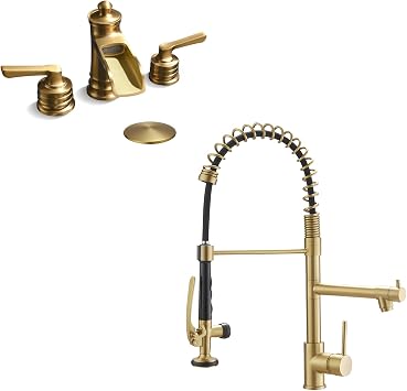 Fapully Brushed Gold Kitchen Faucet with Pull Down Sprayer and Brushed Gold Waterfall Bathroom Faucet