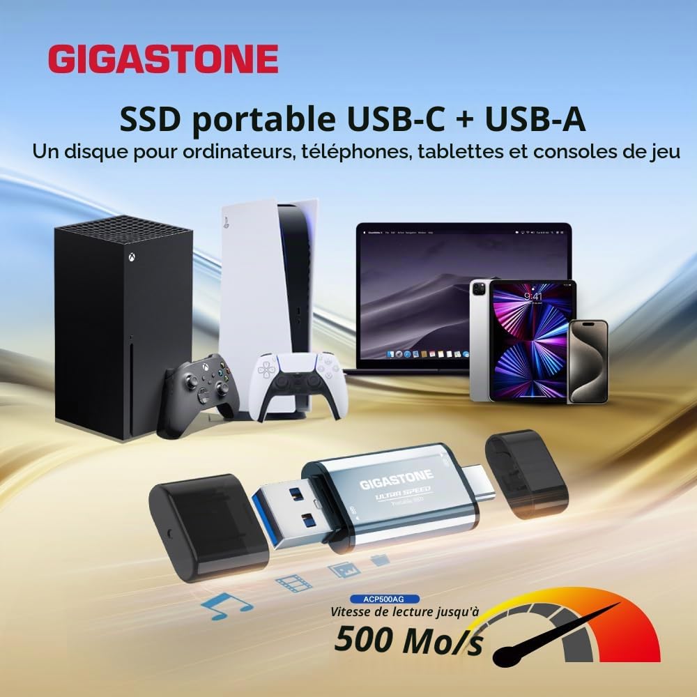Gigastone SSD Externe 1To USB-A+C jusqu'à 500 Mo/s pour PS5 iPhone16 4K 60fps ProRes USB 3.2 Gén2 Disque Dur SSD Portable pour MacBook iPad PlayStation Xbox Duo Go