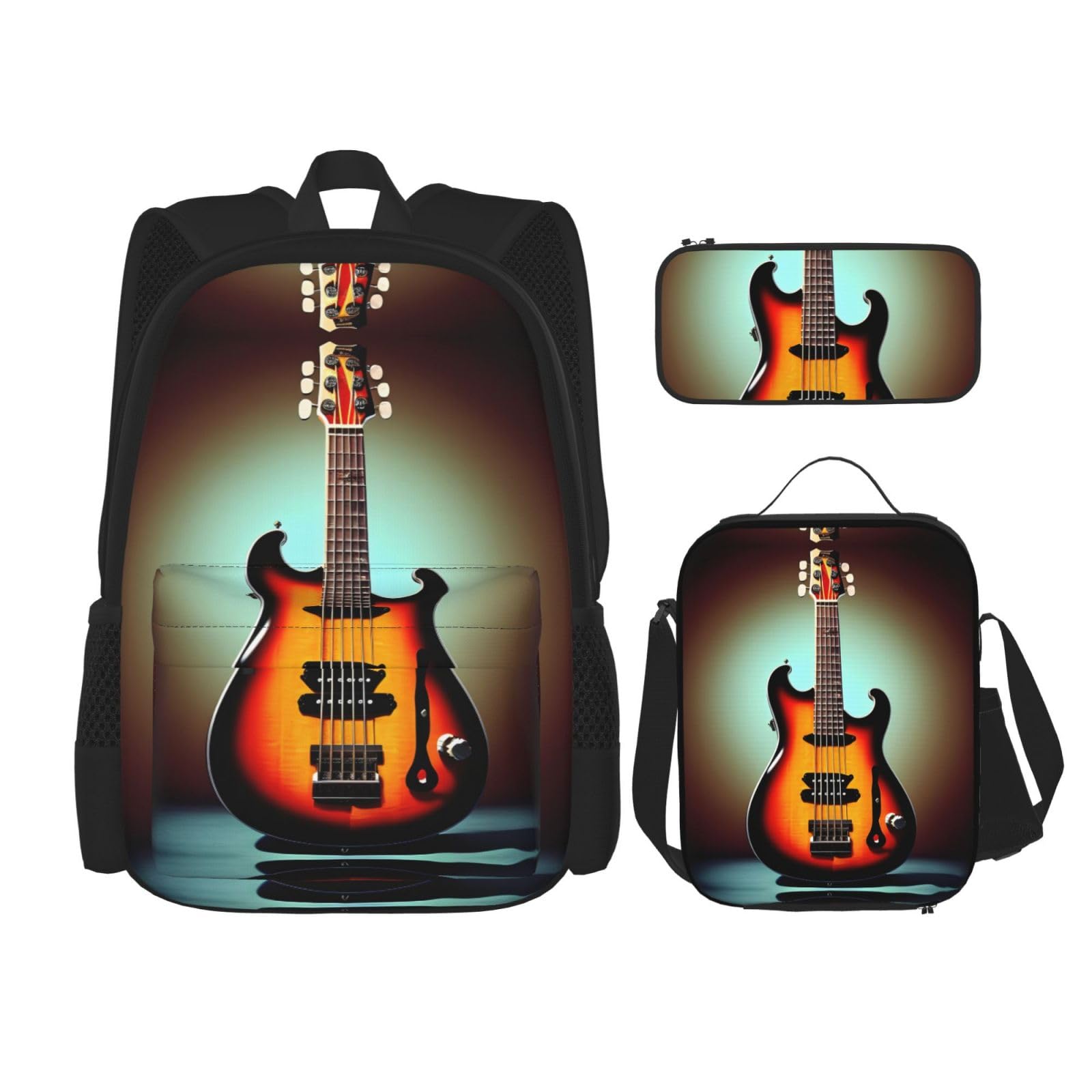 DRTGEDS Guitar Bass Music Musical Instrument Backpack 3 In 1 Set Casual Backpack With Lunch Box Pencil Bag Water Resistant