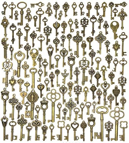 JIALEEY 125 PCS Vintage Skeleton Key Set Charms, Mixed Antique Style Bronze Brass Key Set Charms for Pendant DIY Jewellery Making Wedding Party Favours