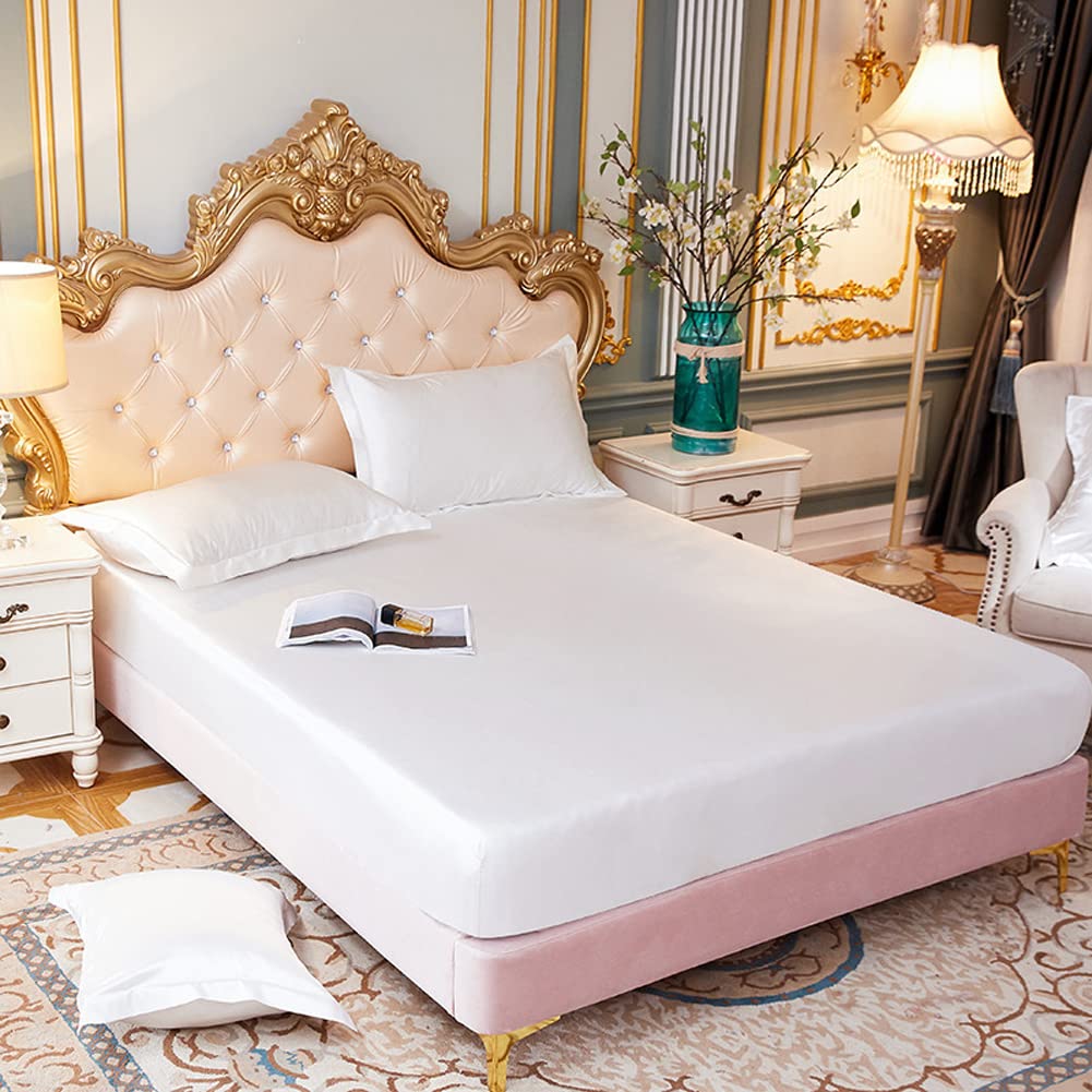 Premium Satin Silk Fitted Sheet,King/Single/Double Bed Sheet,Elastic Fitted,Waterproof Matress Cover,Breathable and Silky,Anti-Slip