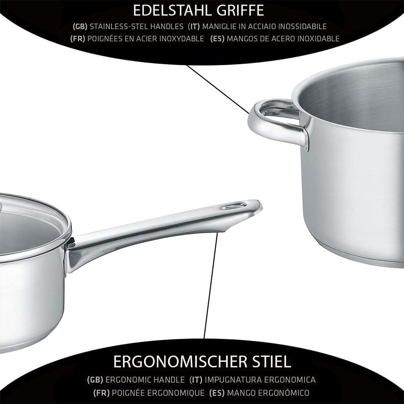 Berndes 5-teiliges Topfset New Roma, Kochtopf Set aus Edelstahl, induktionsgeeignet, Töpfe mit Deckel, new Roma Bratentopf 20