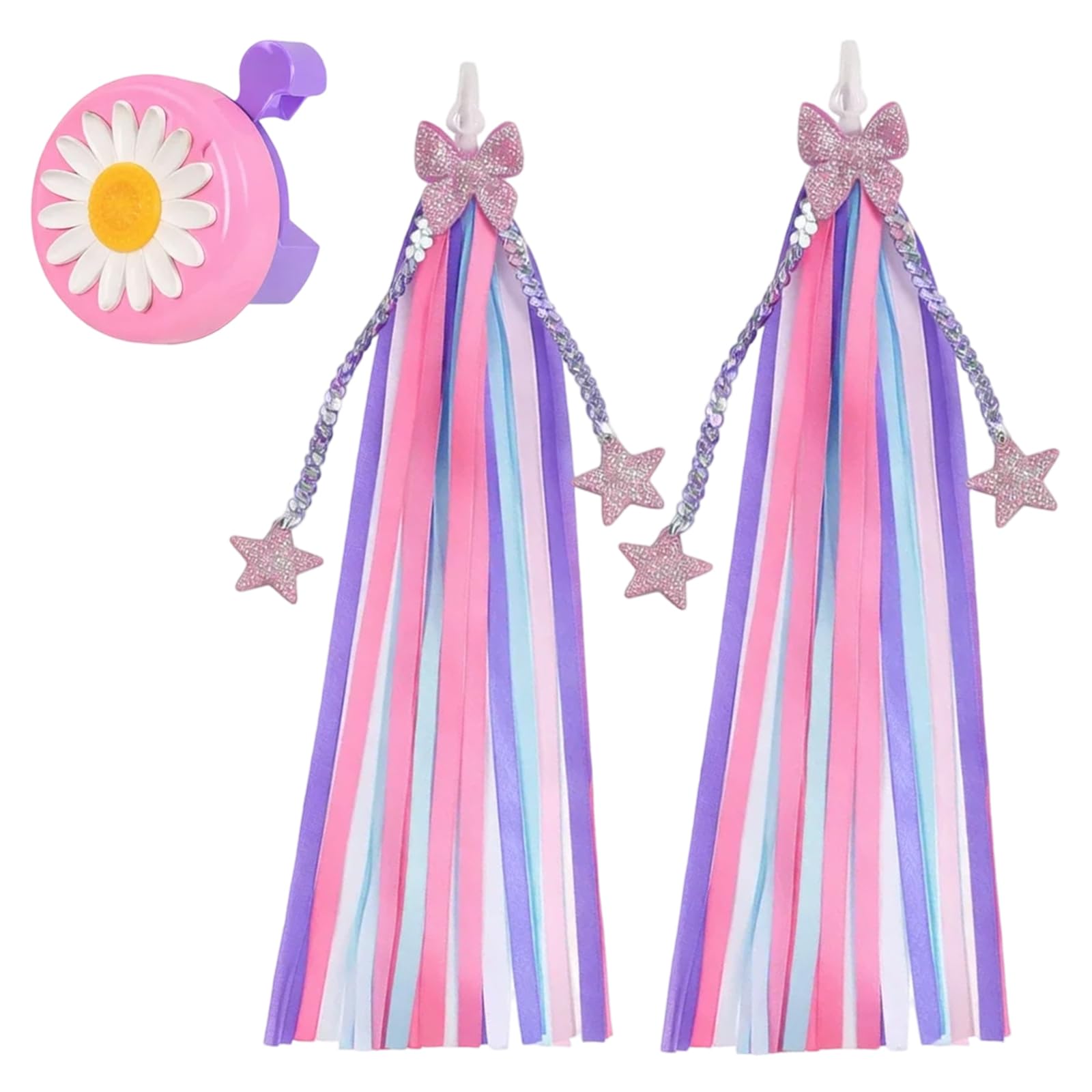 2PCS Purple Star Bike Streamers and 1PCS Pink Purple Bicycle Bell, Bike Tassels for Girls, Bike Bell Decorative Bike Accessories for Bicycles and Scooters