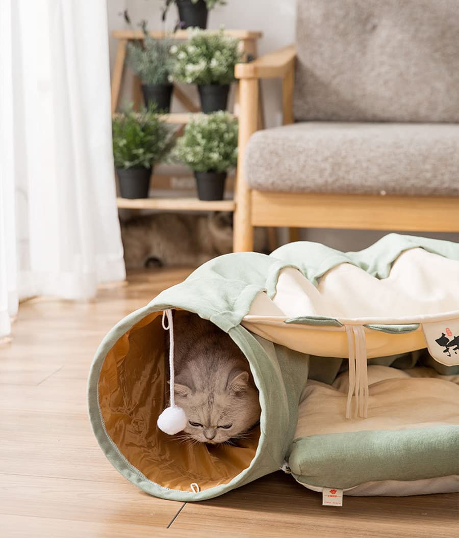 2 in 1 Katzentunnel Bettschlauch mit Kissen und Plüschball Spielzeug Spielplatz Knistern zusammenklappbar für große Katzen Kätzchen Kitty Welpe Kleine Hunde Faltbar Weiches Haustier Spielbett Indoor