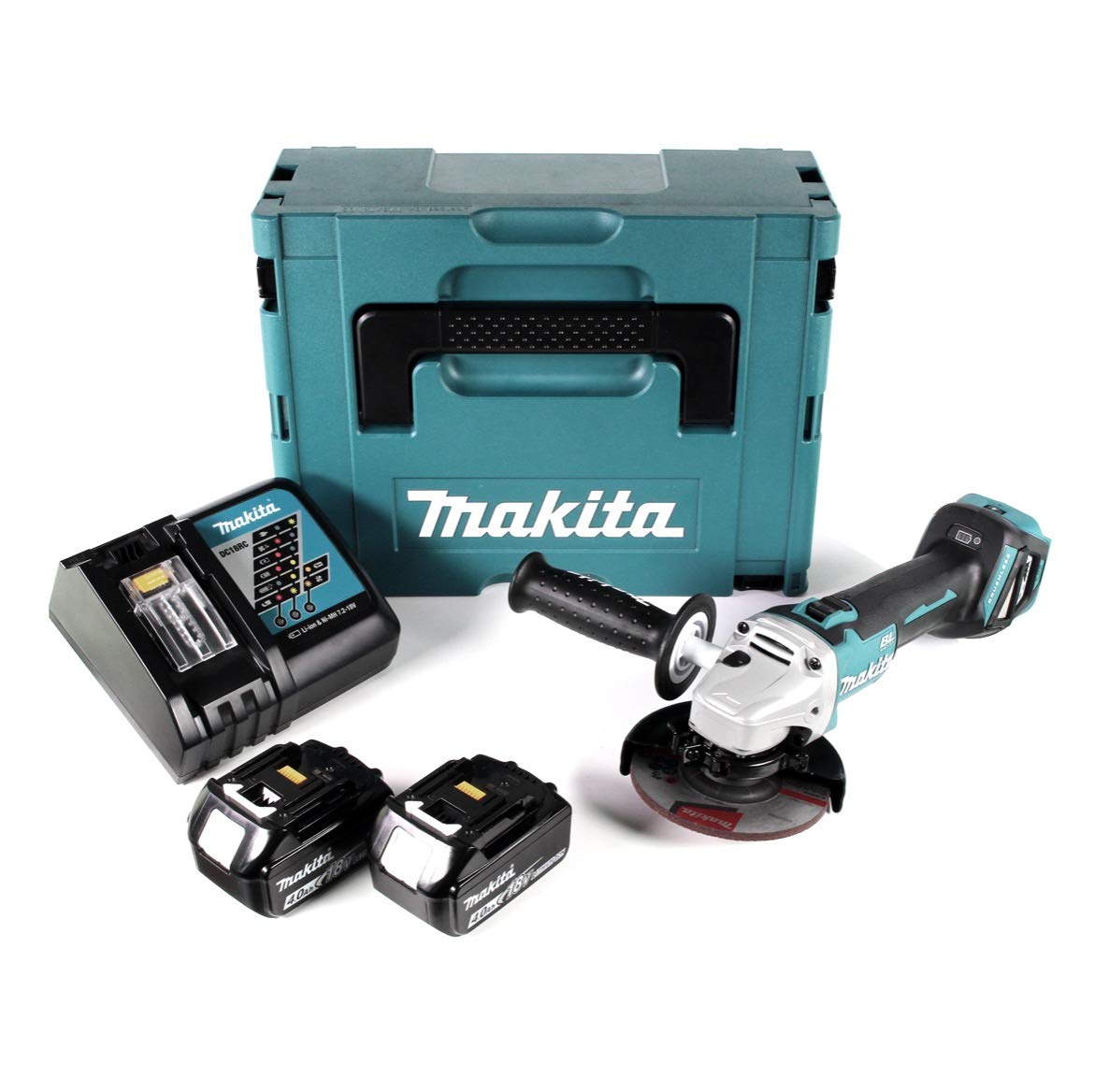 Makita DGA 511 RMJ akumulatorowa szlifierka kątowa 18 V 125 mm bezszczotkowa + 2 x akumulator 4,0 Ah + ładowarka + Makpac