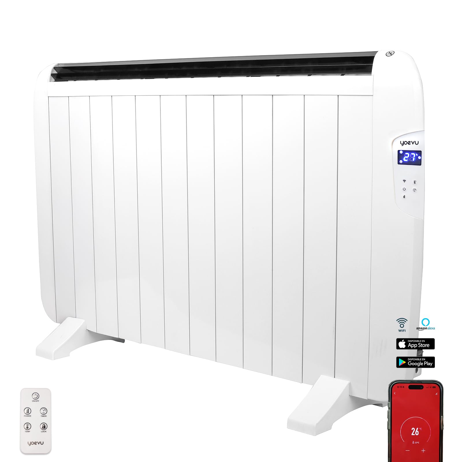 YOEVU - Emisor Térmico Inteligente 2000W de Aluminio | Control Inteligente vía Alexa y App | Máxima Potencia, Bajo Consumo y Confort Térmico | Ideal para Grandes Espacios | Blanco