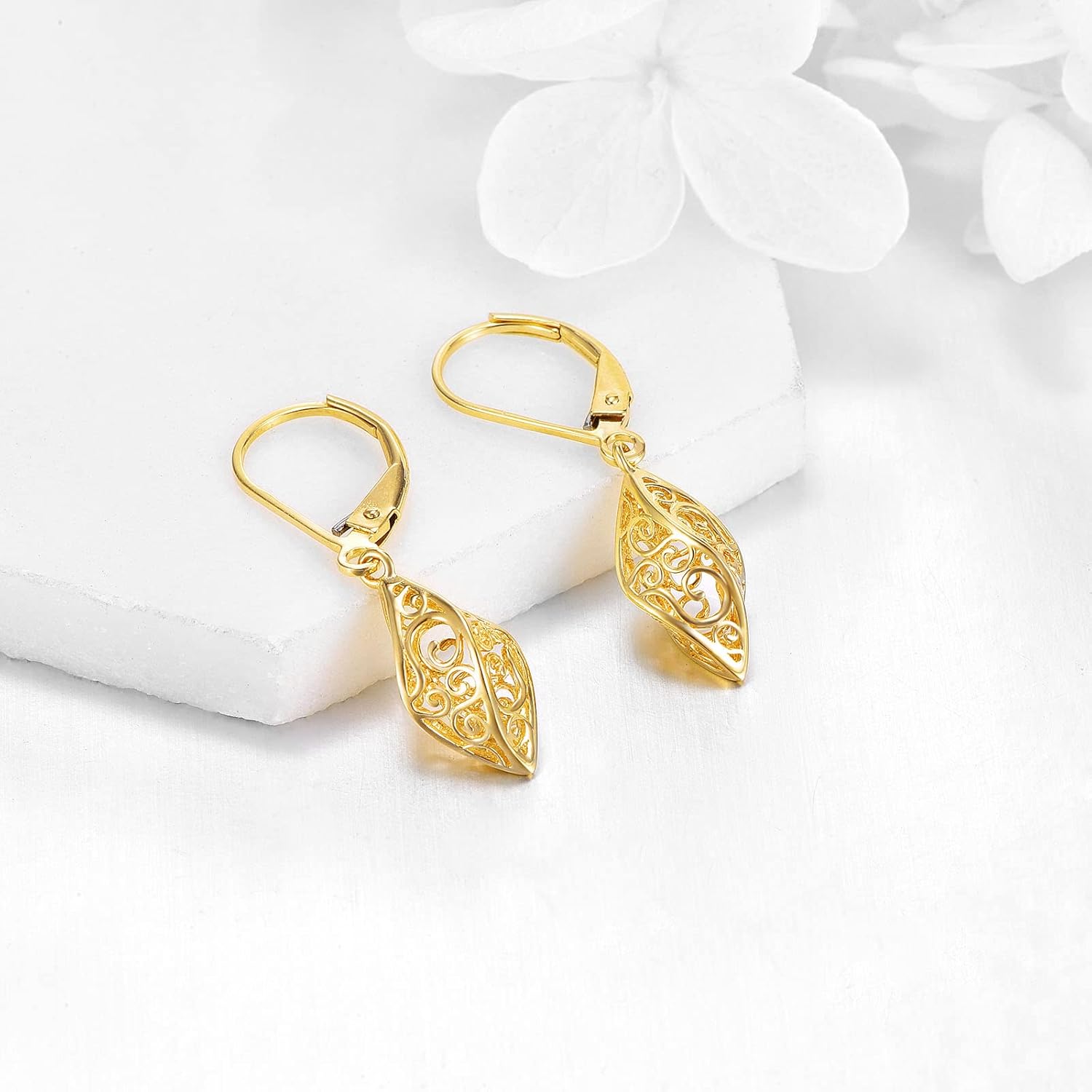 KECHO 14k Solid Gold Dangle Earrings for Women, Leverback Drop Earrings Fine Jewelry Birthday Gifts for Her