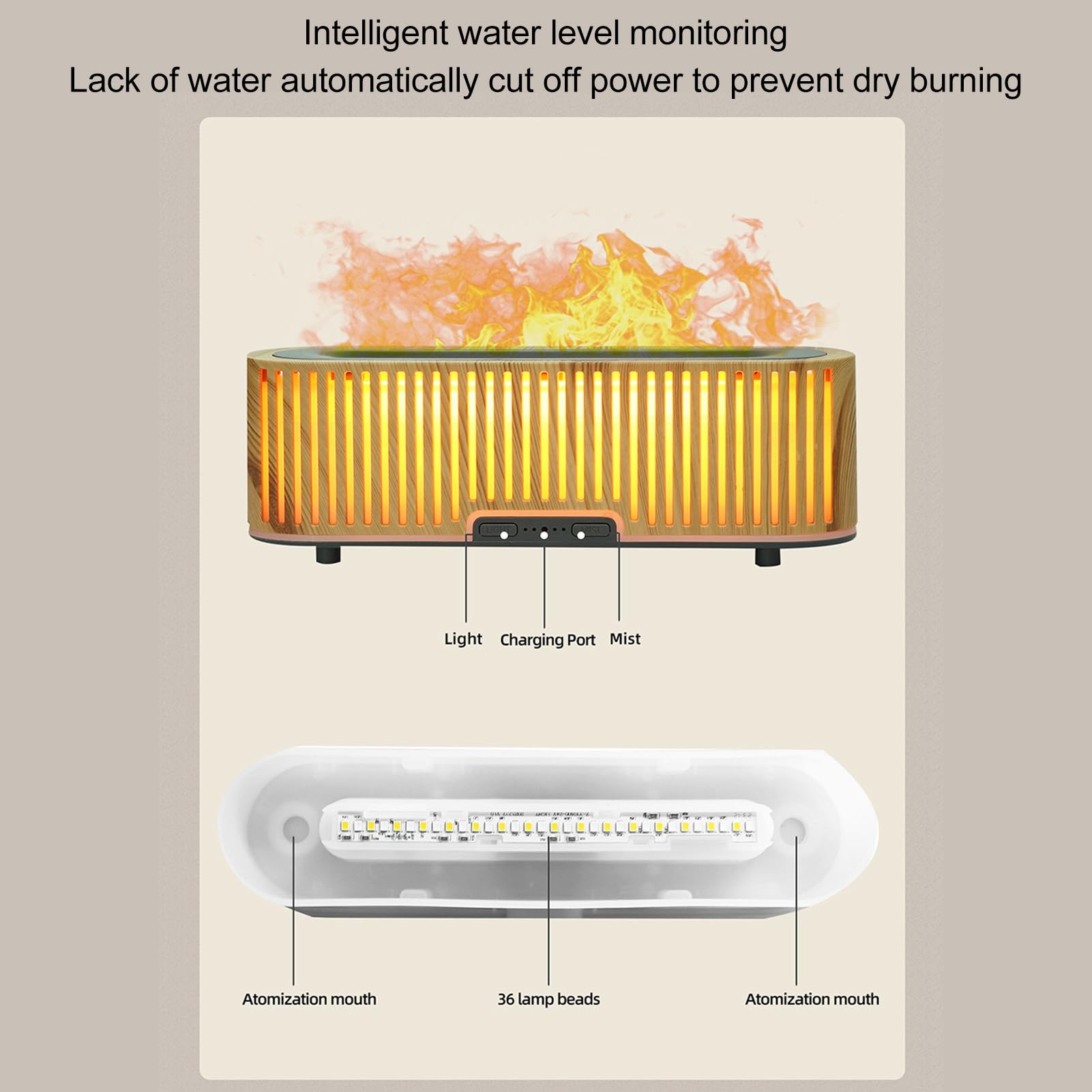 Diffusore di Fiamma 200Ml Venatura del Legno Chiaro, 7 Colori di Luce Ambientale, Tecnologia Ultrasuoni, Diffusore di Oli Essenziali Super Silenzioso per Camera da Letto Ufficio(EU)
