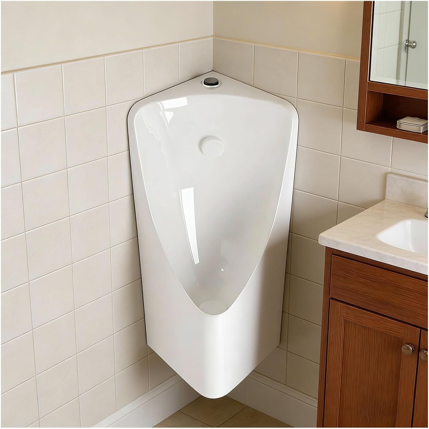 Corner Urinal for Men, Space Saving Bathroom Fixture for Small Bathrooms, Anti-Splash Manual Flush Urinal for Residential/Commercial, Wall-Mounted