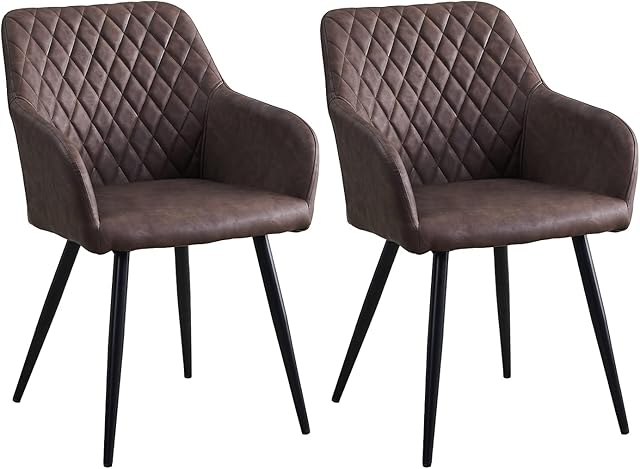 CLIPOP Dining Chairs Set of 2 Brown Faux Leather Kitchen Chairs Upholstered Seat with Backrest and Armrest, Living Room Reception Chairs for Home Office Furniture