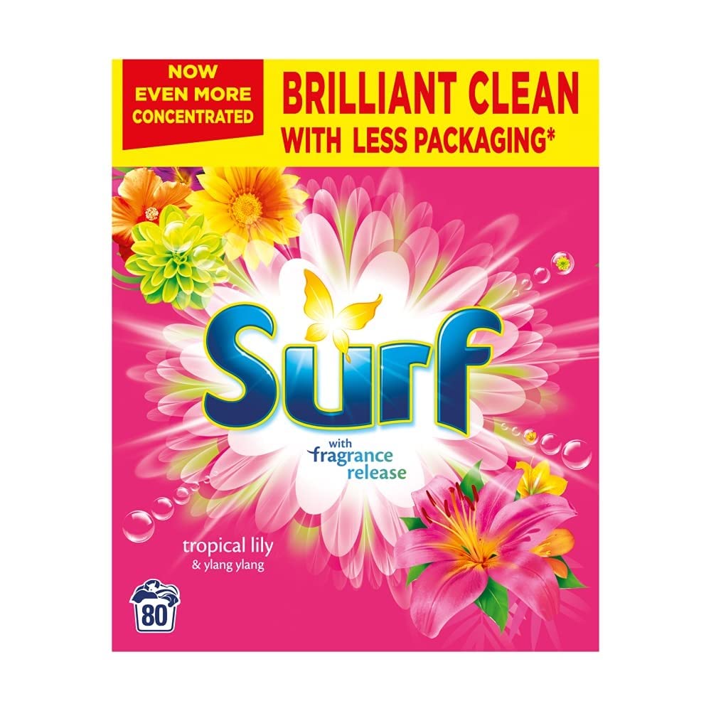 SurfTropical Lily Washing Powder joy-infused fragrance with natural essential oil lasting up to 12 hours in wear for brilliantly clean laundry every time 80 washes 4 kg