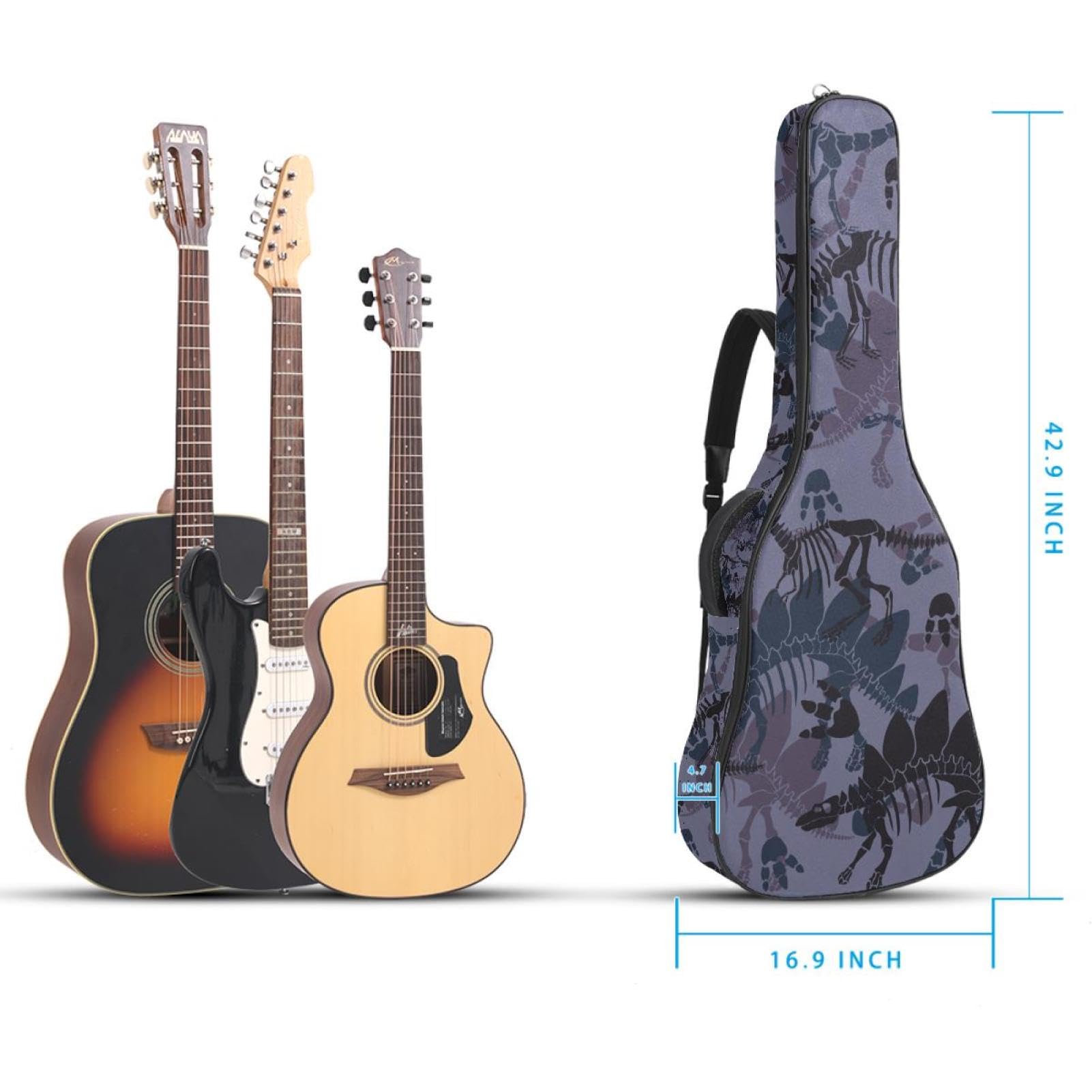 Torba na gitarę akustyczną wodoodporny plecak na gitarę grubo miękki wyściełany dinozaur klasyczna obudowa na gitarę, wielobarwny, 42.9x16.9x4.7 in, Organizer do torby