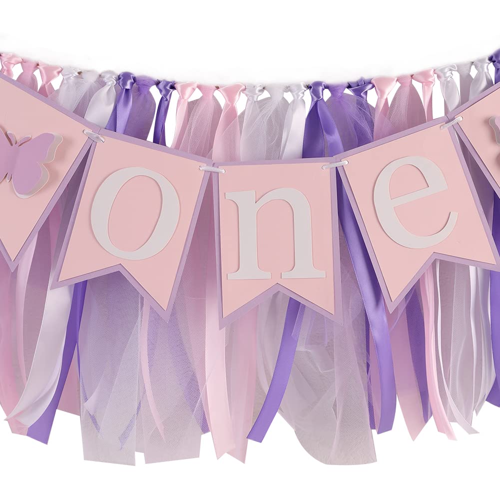 "Butterfly One" High Chair Banner - 1st Birthday Party Decor For Girls, Cake Smash Photo Prop