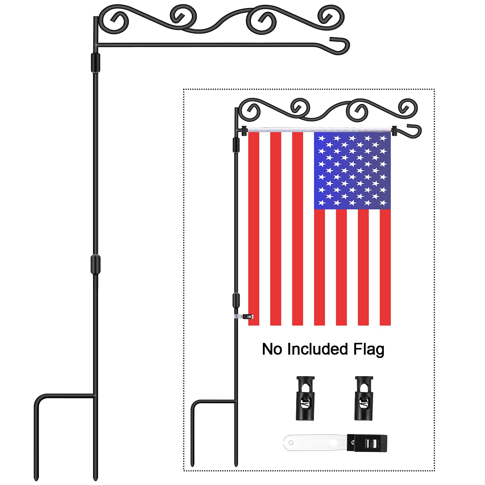 Garden Flag Stand - Floral Style, BONWIN Garden Yard Flag Pole Holder Stands, Powder Coated Weather-Proof Paint Flagpole with Spring Stopper & Anti-Wind Clip for Garden Lawn - 36.34"Hx16.02"W (1 PACK)