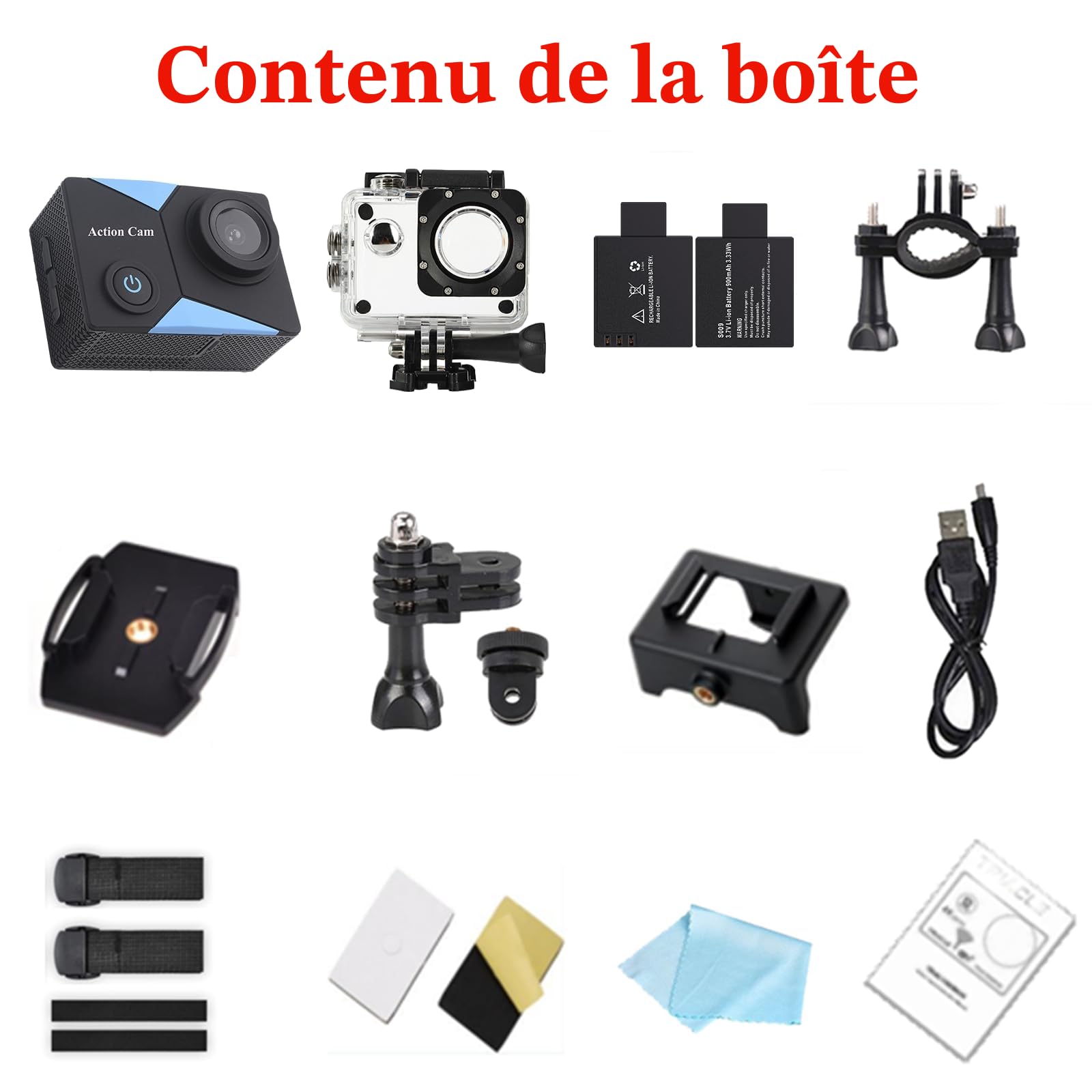 WiFi Camera Sport 1080P,12MP Caméra Sport,Camera Moto équipée de 2X×1050mAh Batteries,Action Cam Sportive Étanche Dashcam et Accessoires pour Casque et Vélo, etc.