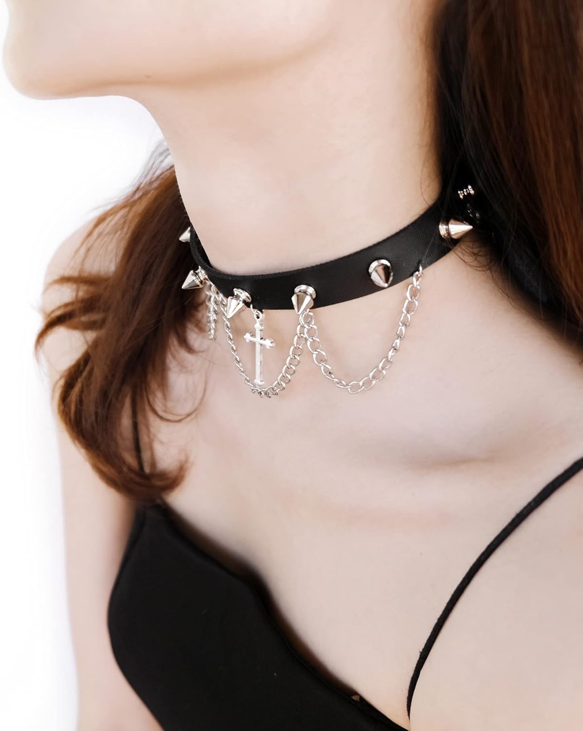 Sacina Gothic Punk Spiked Choker Necklace, Black PU Leather Cross Choker Necklace, Goth Jewelry Gift for Women, Men, Christmas New Year Gift - Image 2