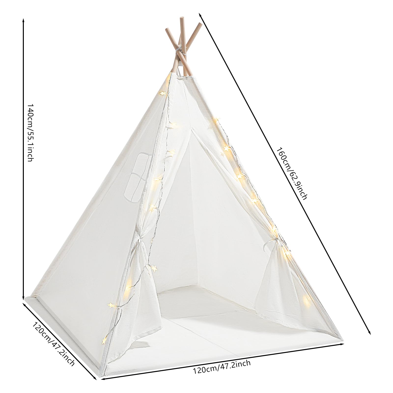 Namiot Tipi dla dzieci 120 x 120 x 140 cm – namiot dziecięcy z bawełny z matą, łańcuchem świetlnym i świecącą gwiazdą, składany namiot do zabawy wewnątrz i na zewnątrz (biały)