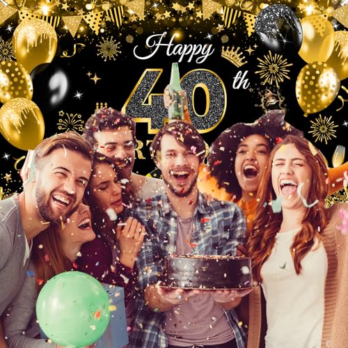 Image of Avezano Happy 40th Birthday Banner for Men Black and Gold Glitter Balloon 40 Birthday Party Backdrop 40 Year Old Bday Photo Backdrop Party Supplies 70.8 x 43.3 Inch