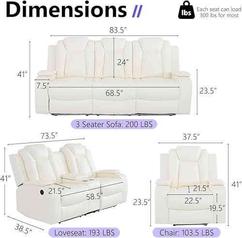 Miniatura 2 de Juego de sofá reclinable eléctrico de 2 piezas con luces LED, moderno sofá reclinable de cuero de aire y sofá biplaza con mesa auxiliar, muebles