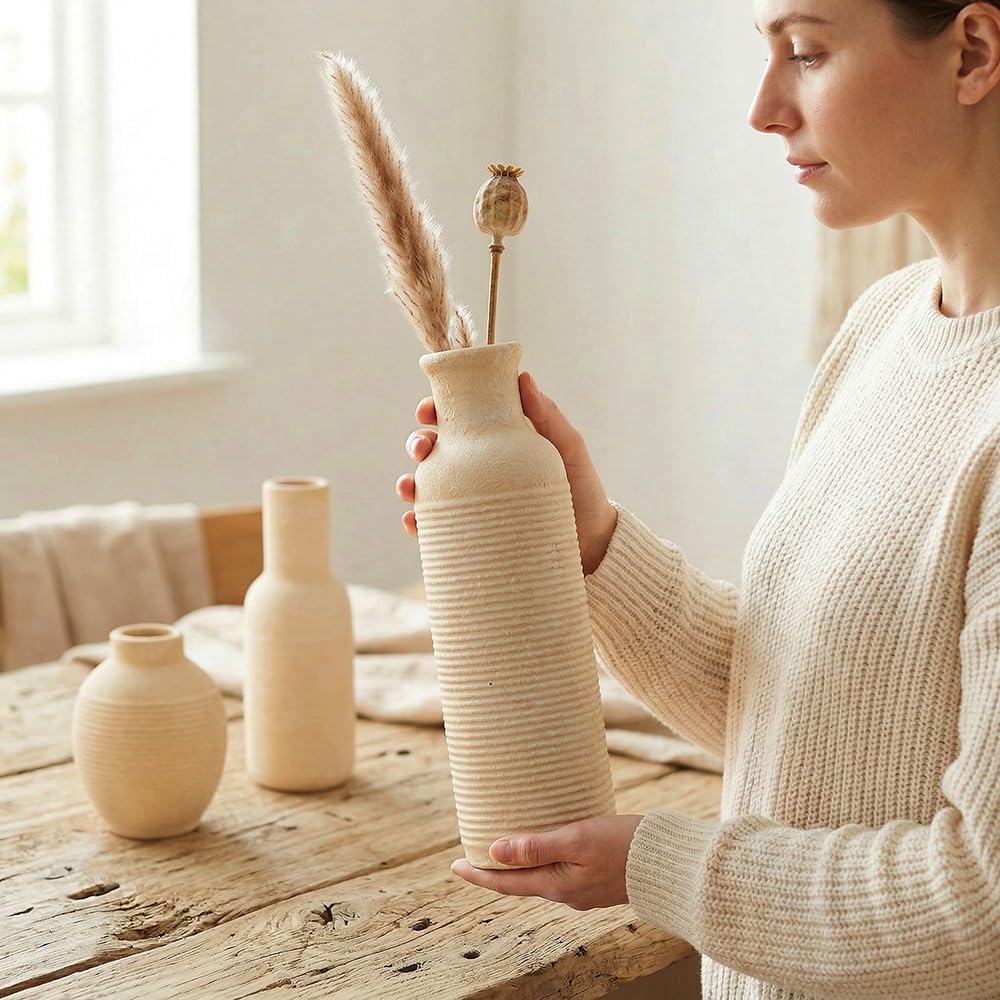 Rustic Farmhouse Vase Set of 3 - Ceramic Decorative Vases Home Decor - Pampas Grass Dried Fresh Flowers - for Centerpiece, Table, Mantel Entryway, Kitchen, Bedroom (White2)