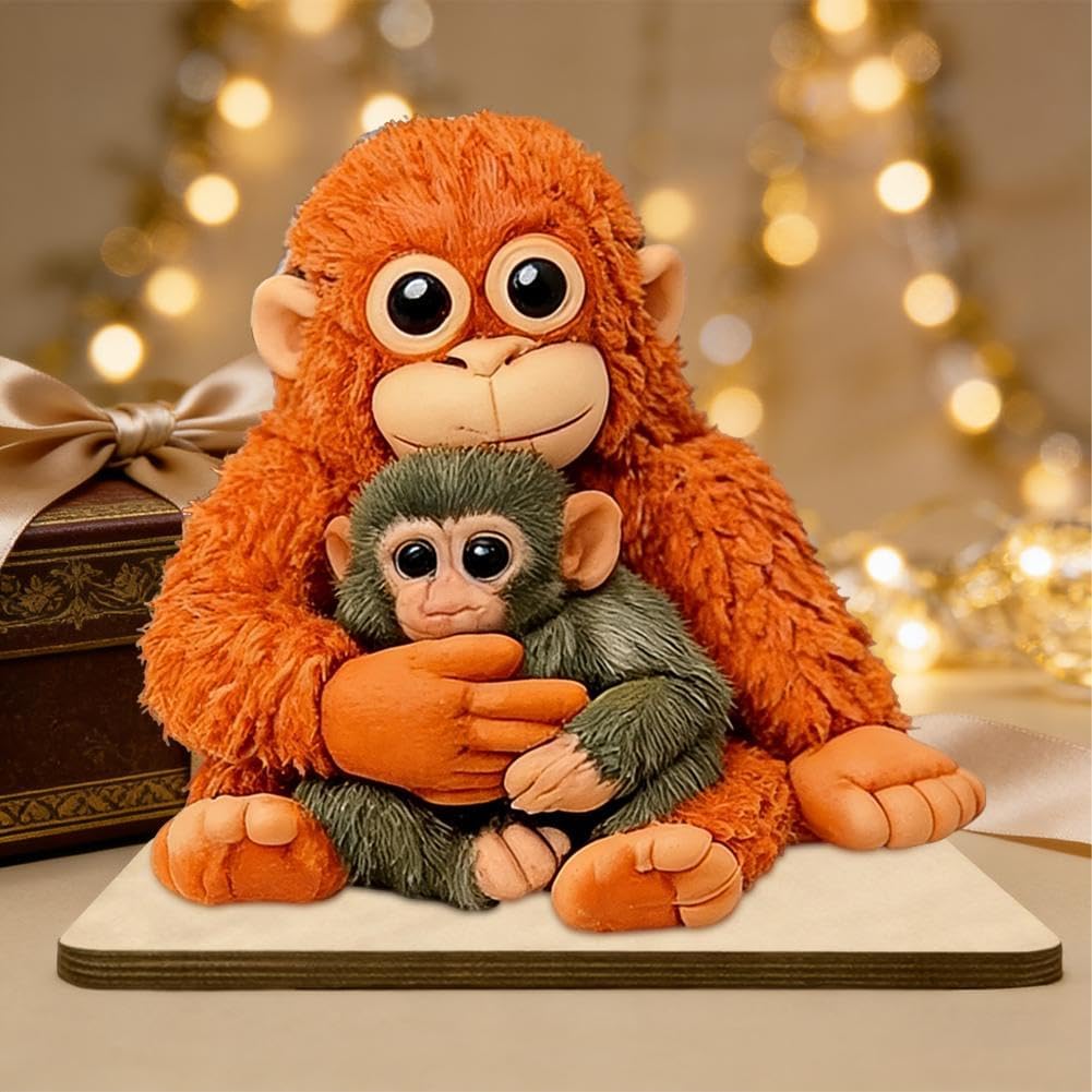 Protect Punch the Monkey Table Sign,2D Cute Punch Monkey Holding Plush Toy Collectible Figurines,Wooden PunchMonkey Table Sculpture,Monkeys Hugging Sculpture for Adult Collectors,Desk Decor & Gift