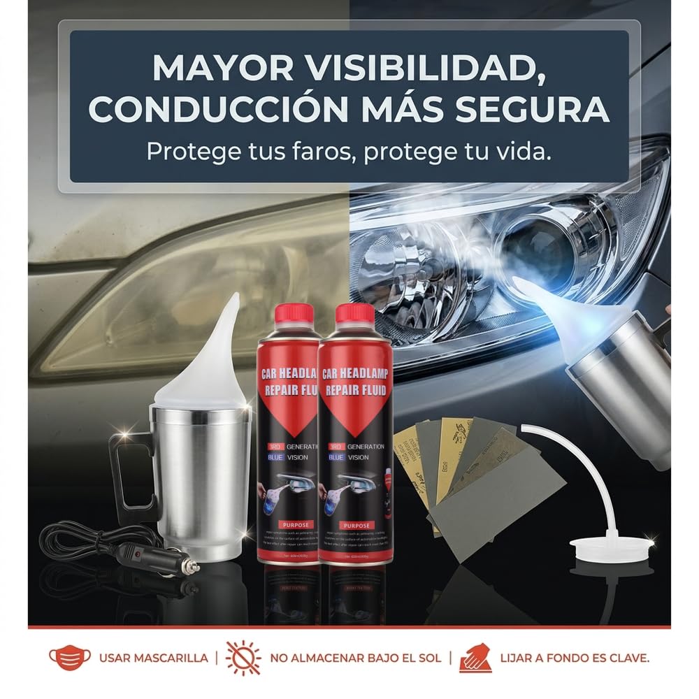 Kit de Pulido y Mantenimiento de Faros de Coche – Elimina Amarilleo y Arañazos Superficiales para Mayor Claridad y Visibilidad Vial