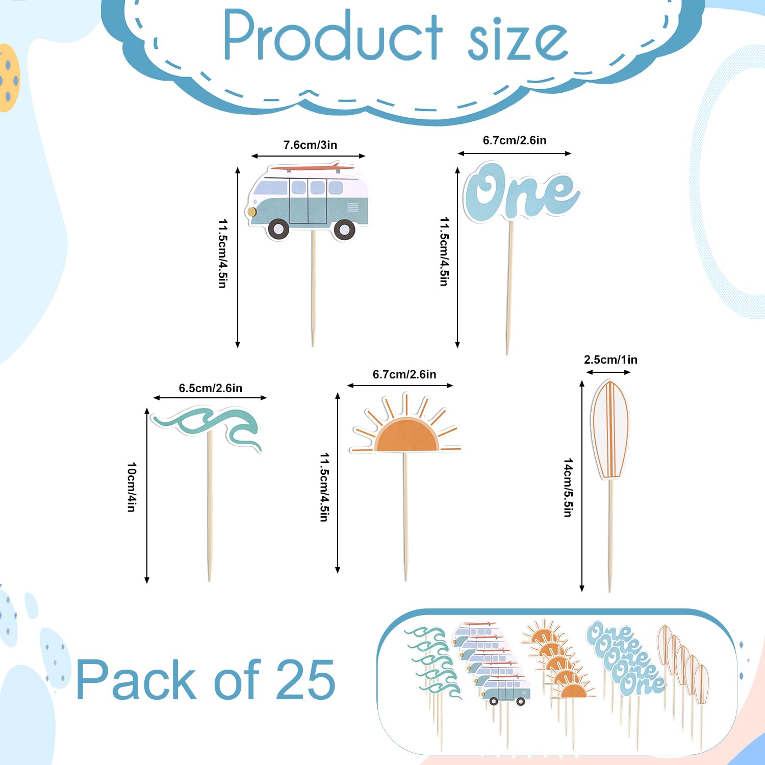 25pcs Décoration de Gâteau de Surf en Forme de Vague, 5 Styles Décoration de Gâteau Big One Soleil Voiture Planche de Surf Vague Décoration de Fête du Premier Anniversaire pour Anniversaire