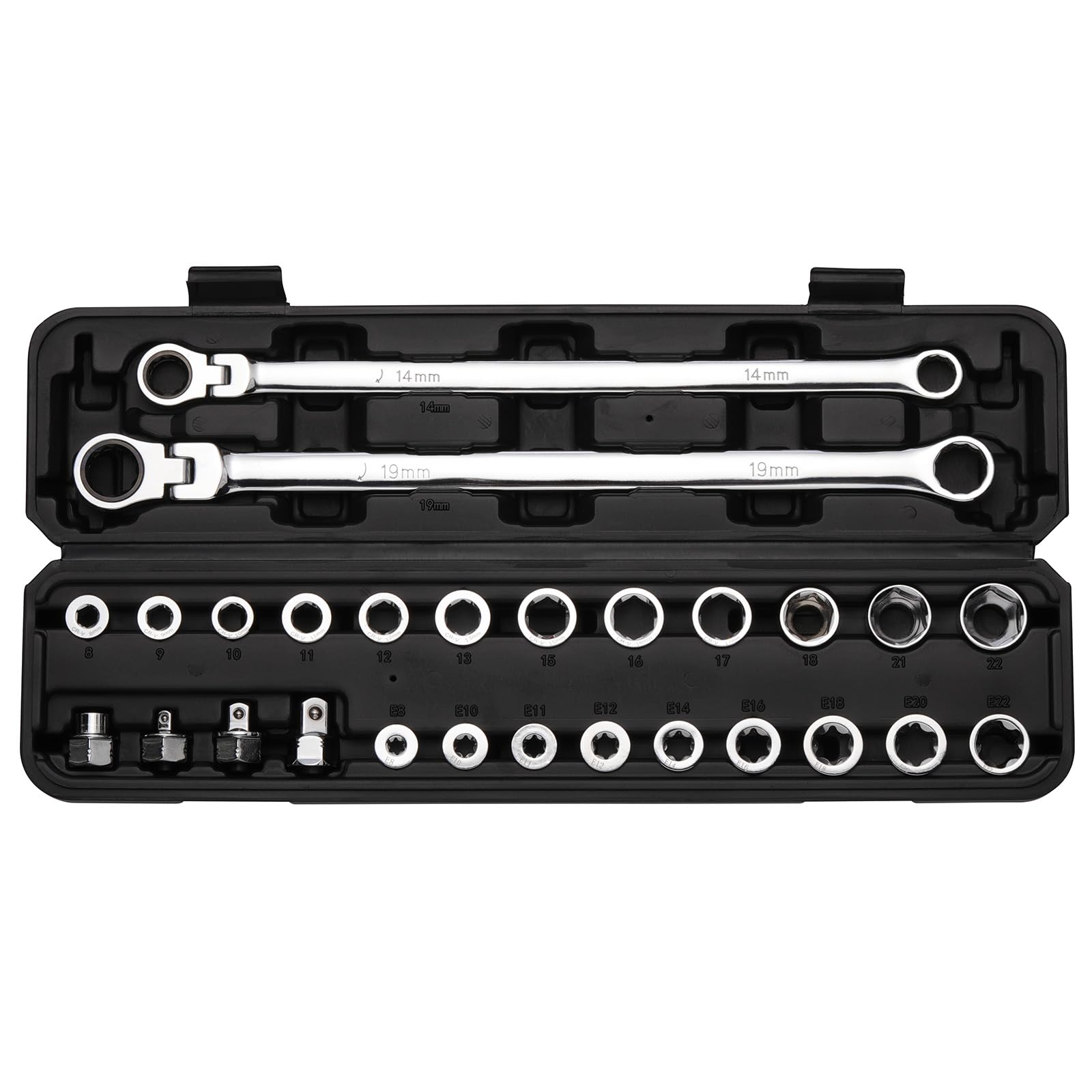 Mayouko 27PCS Extra Long Flex Head Ratcheting Wrench Set, 14 & 19mm Wrench, Double Box End Ratchet Wrench Set with E-type 8-22mm Replacement Heads, 72