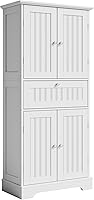 ChooChoo 51" Tall White Bathroom Floor Cabinet - Freestanding Storage with 4 Doors, Drawer & Adjustable Shelves for Kitchen Pantry