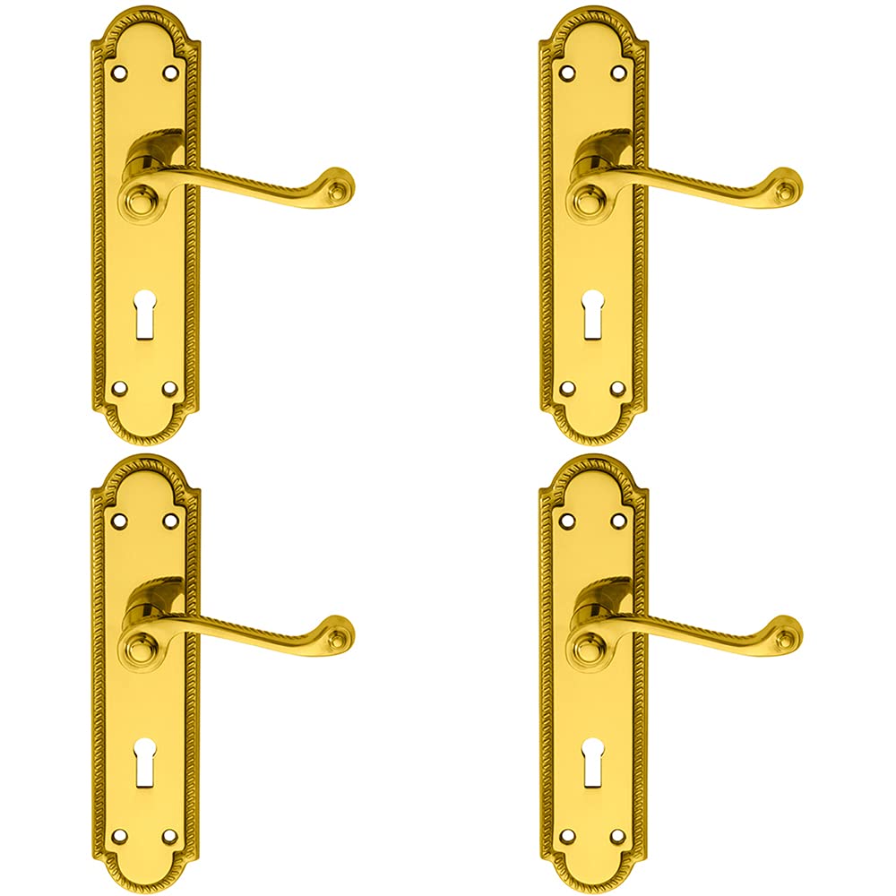 Loops Polished Brass 4 Pack | Reeded Scroll Handle On Shaped Lock Backplate - 205 X 49Mm - | Traditional Lever On Backplate Door Handle - Internal Door Hardware - Euro, Oval And Latch Options Available