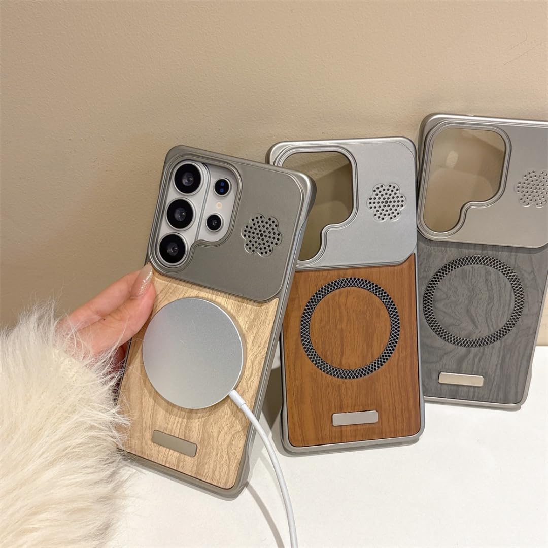 Etui magnetyczne bezramkowe z drewna imitującego skórę do telefonu Samsung S26 S25 Ultra S24 Plus Fe A56 A55 S26ultra z powłoką bezramkową (do Galaxy A55/szary)