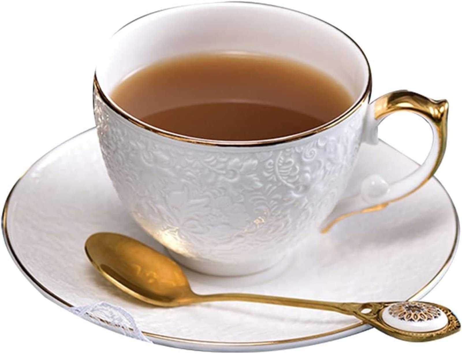 YNIYUJKL Coffee Mugs European Style White Coffee Cup And Saucer Set Bone China Embossed Flower Tea Cup Home Light Luxury Exquisite Tea Cup With Spoon For Coffee Milk Coffee Cup