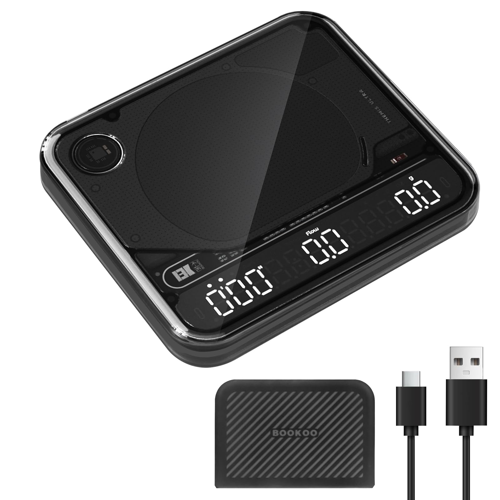 BOOKOO Báscula de Café con Temporizador, Báscula Espresso 0,1 g, 2000 g, 4 Modos, Bluetooth App, Control de Flujo, IP67, Batería 2000 mAh 72 h, USB-C, Espresso y Pour Over, Negra
