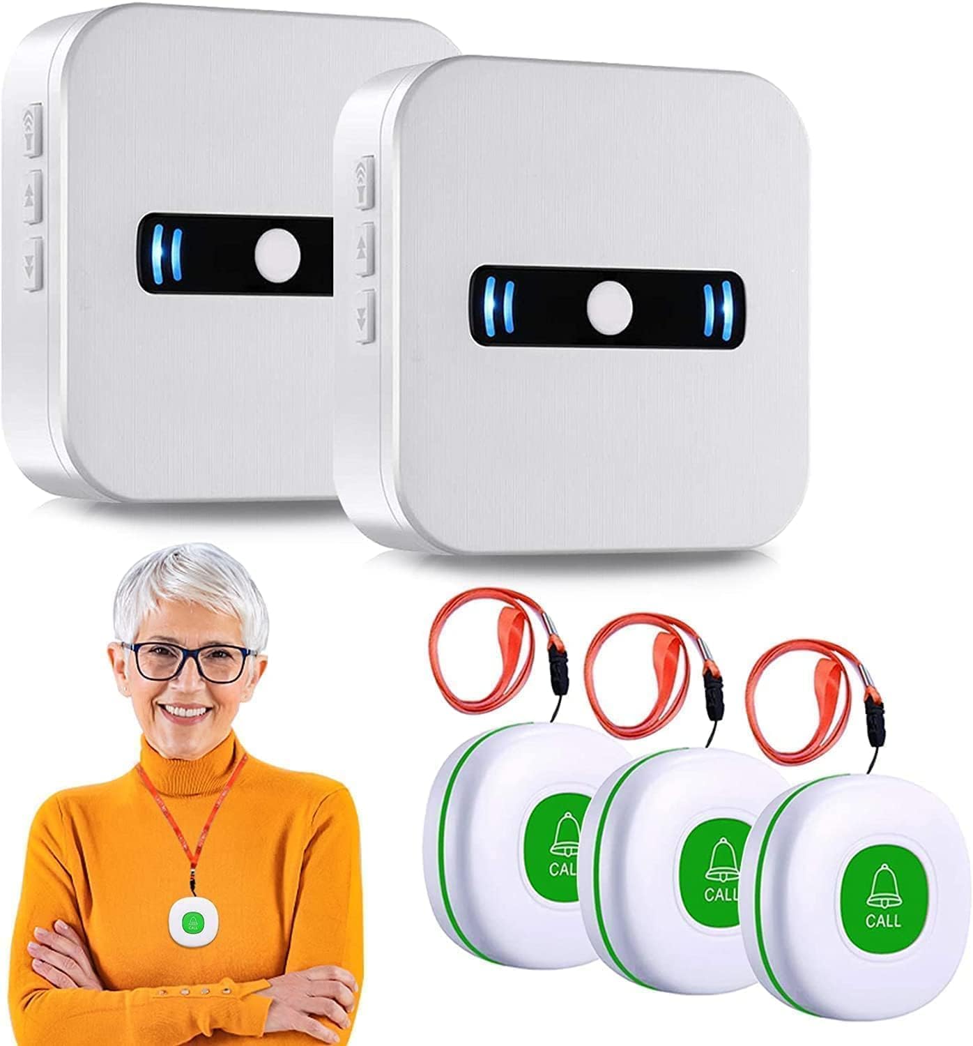 Daytech Avisador Personas Mayores,Boton Emergencia Ancianos,El Boton Llamada Emergencia es Adecuado para Familiares Que Necesitan ser Atendidos en Casa(2 Receptor + 3 Botón)