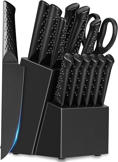 HUNTER.DUAL Knife Set, Dishwasher Safe Kitchen Knife Set with Block, 15 Pcs Black Kitchen Knife Sets with Block Self Sharpening, 6 Steak Knives, Dark Black