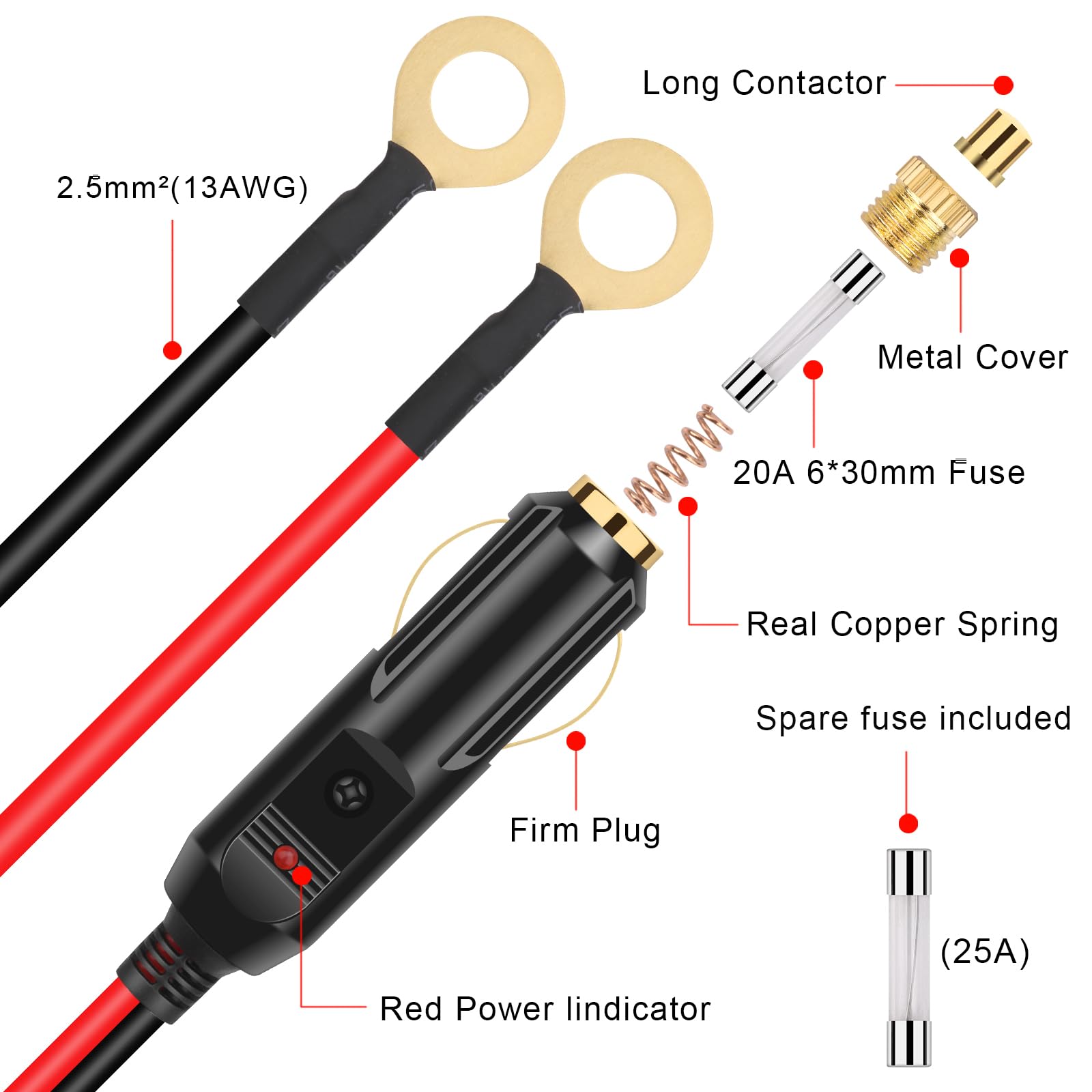 Adattatore Accendisigari Auto Con Cavo 2m E Morsetti A Occhiello – 12V/24V, Fusibile 20A, Per Inverter, Pompe, Tazze Termiche - 5