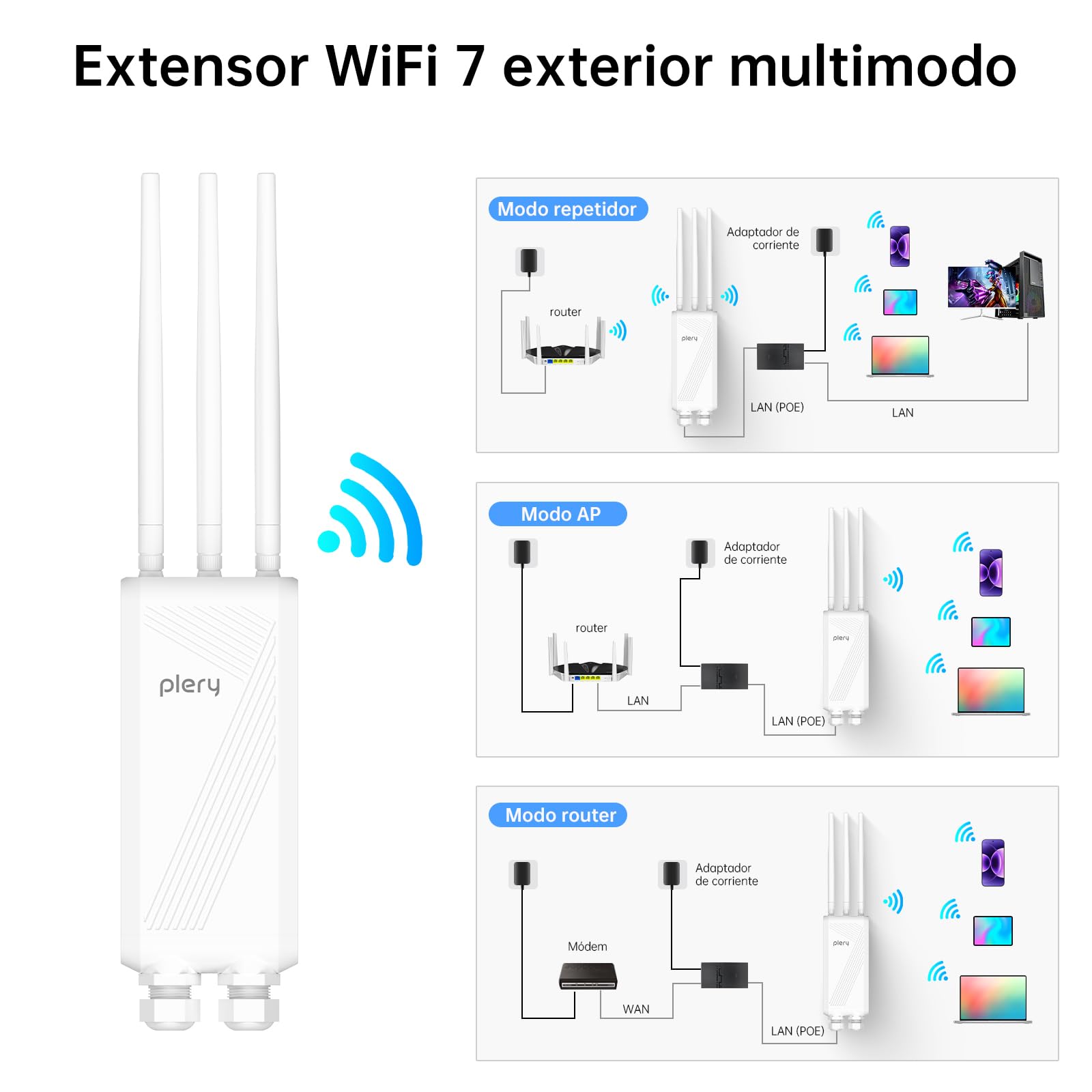 BE3600 Repetidor WiFi Exterior, Amplificador de señal WiFi 7 | Doble Banda | 3 Antenas de Alta Ganancia | IP66 | PoE | WPA3 | Puertos Gigabit para Granjas, Jardines y Aparcamientos