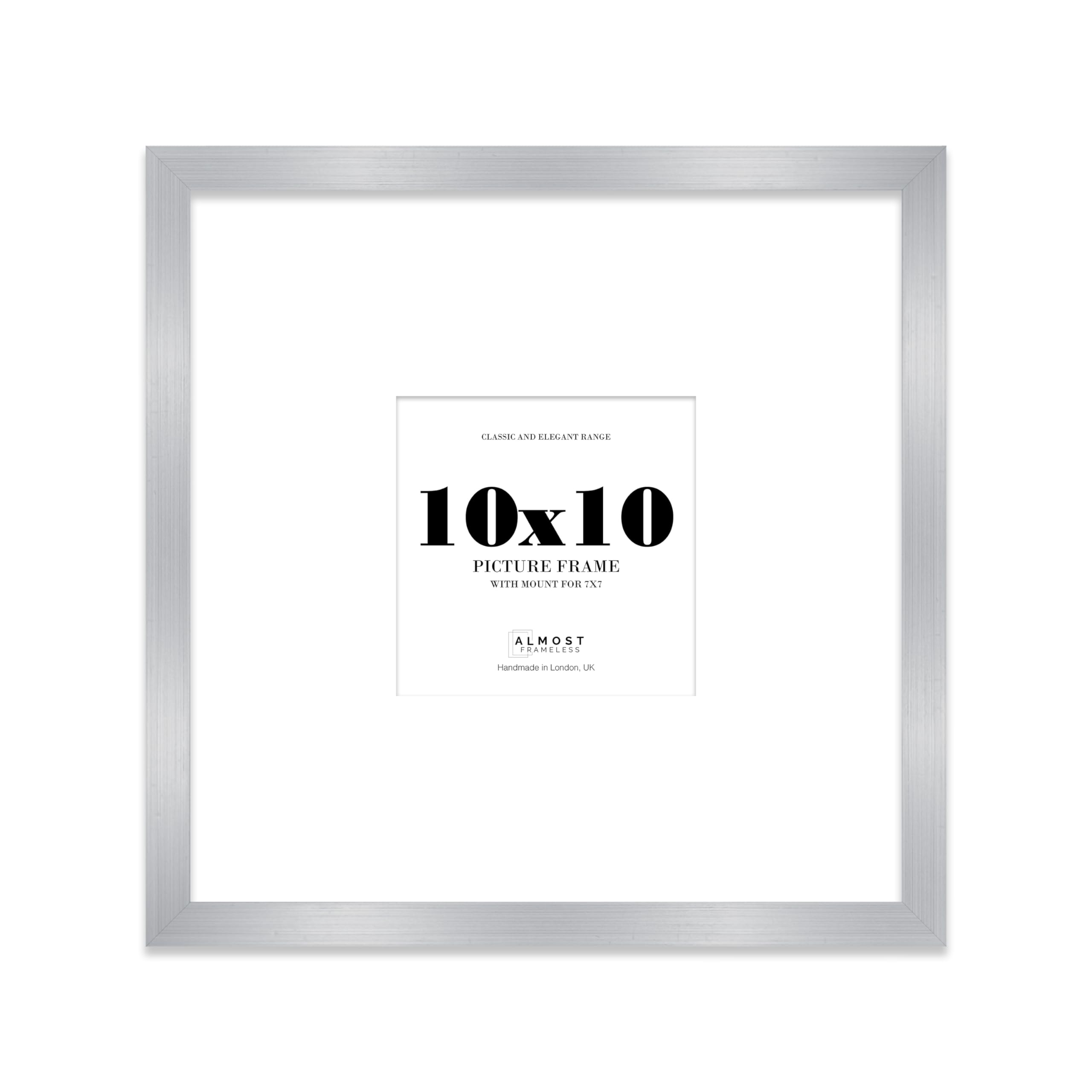 Almost Frameless 10x10 Square Picture Frame, Display Pictures 7x7 With Mat or 10x10 Without Mat, Wall Hanging & Free Standing Photo Frame, Silver, 1 Pack