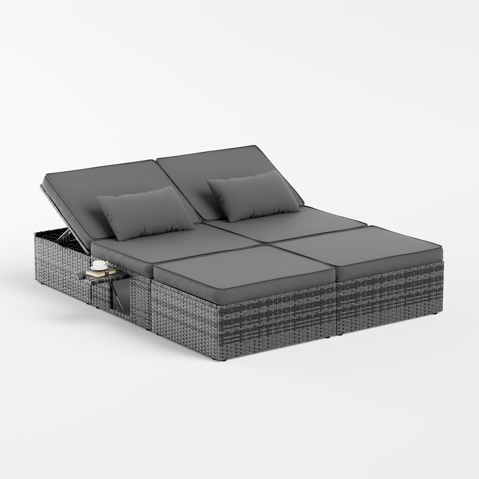 UDPATIO Transat Jardin Extérieur en Rotin - Bain de Soleil Double avec Plateaux Latéraux Repliables et Dossier Réglable 5 Niveaux, Lit de Jardin Résistant Jusqu'à 400kg, pour Piscine ou Terrasse, Gris