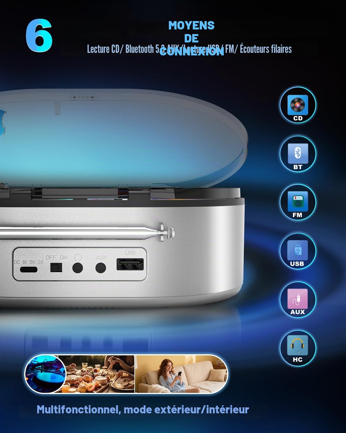 Lecteur CD Portable Bluetooth avec Haut-Parleur Stéréo, Lecteur CD Bureau