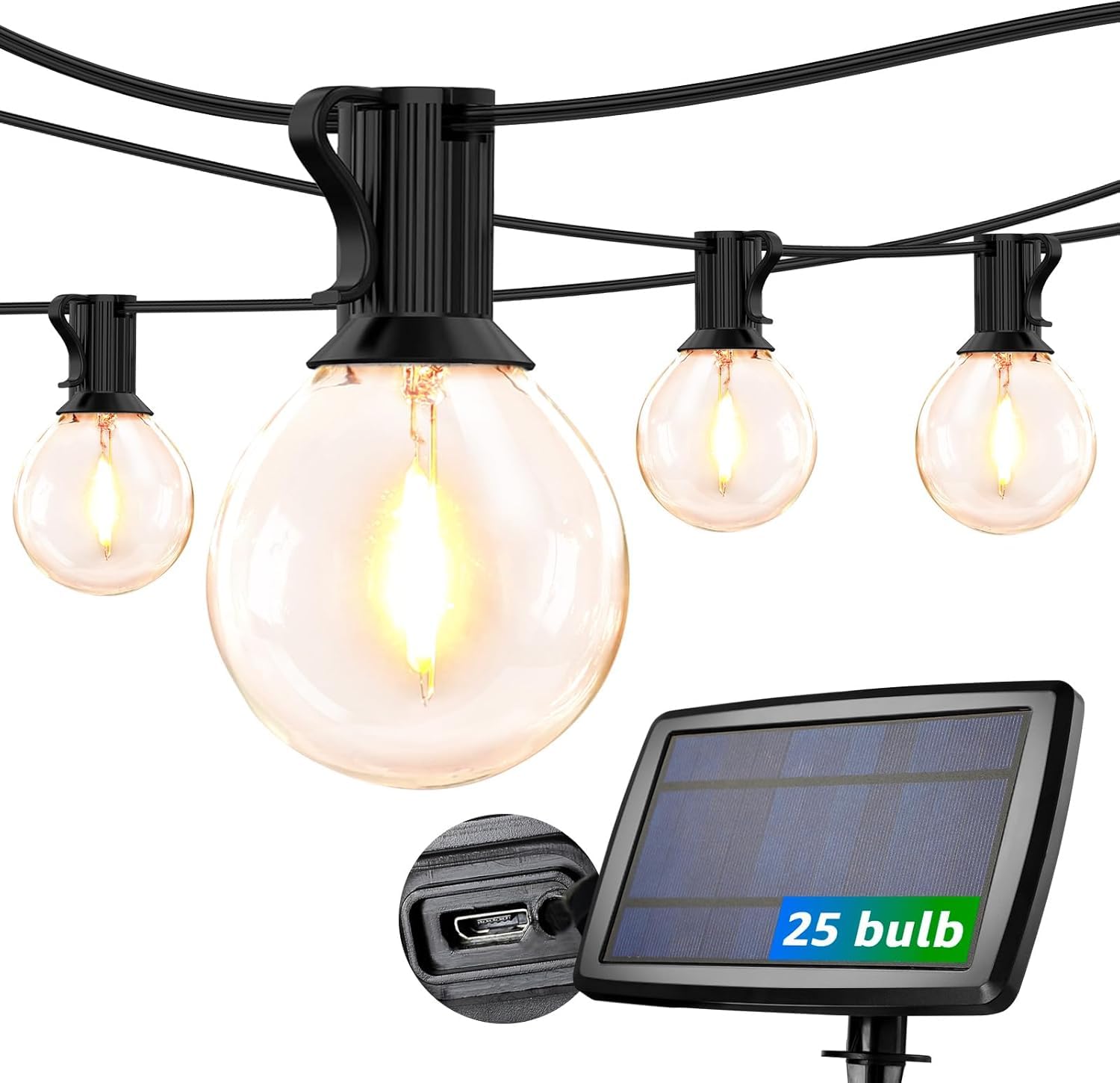 Lepro Guirlande Lumineuse Extérieur Solaire 4 Modes 7.6m | Guirlande Guinguette USB, 25 Ampoules G40, Blanc Chaud 2700K, Étanche pour Jardin, Terrasse, Cour, Patio, Fête Décoration