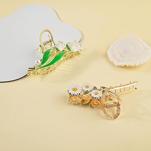 Miniatura 4 de Pinzas de metal para el cabello de 2 piezas, múltiples formas de garras de tulipán para cabello finogrueso medio, elegantes pasadores de margarita,
