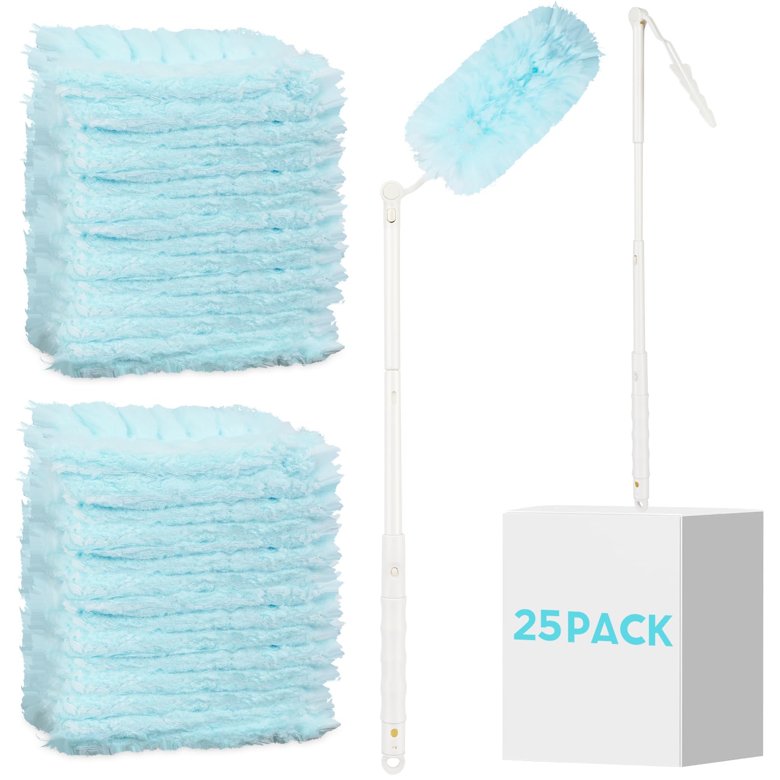 360° Duster Refills Kit for Swiffer Duster, 25 Pack & 1 Handle, Multi-Surface Dusters with 4X Microfibers. Efficient Duster Kit for Cleaning Pet Hair, Home, Office, Blinds, Furniture and More