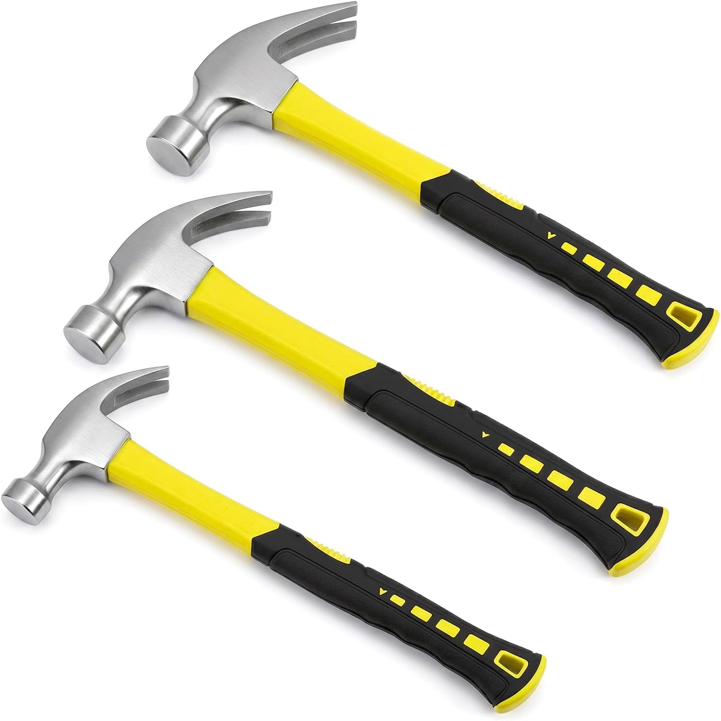 QWORK 3 Piece Claw Hammer Set (20oz, 16oz, 8oz) – Forged Steel Head with Shock-Absorbing Fiberglass Handle & Non-Slip Grip – Essential Hand Tools for Framing, Carpentry Repair