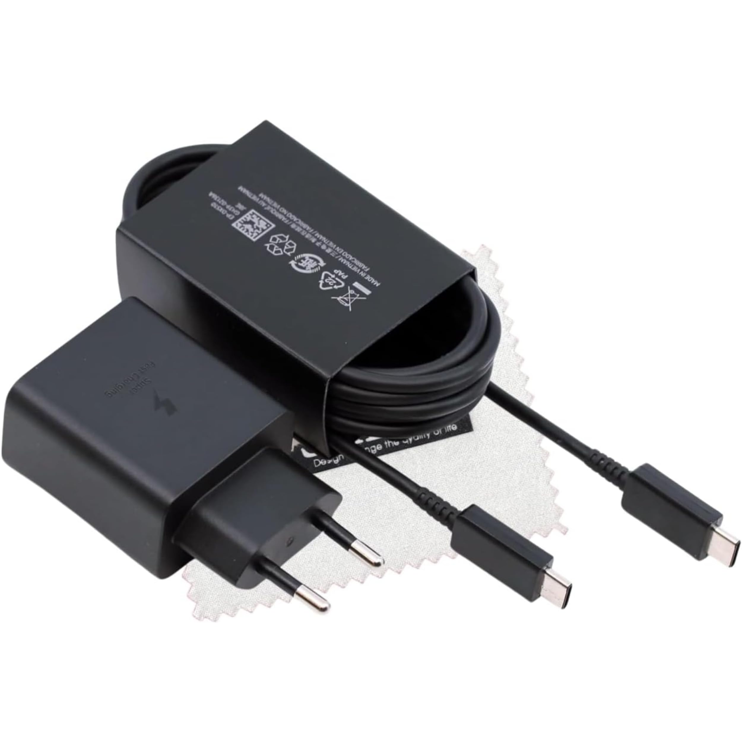 Caricabatterie originale da 45W per Samsung Galaxy S23 Ultra S20 Ultra 5G S10 Lite Note 10 Note 10 Plus Tab S7 Tab S7 Plus Cavo di ricarica rapida da 1,8 m con panno per la pulizia dello schermo Shlok