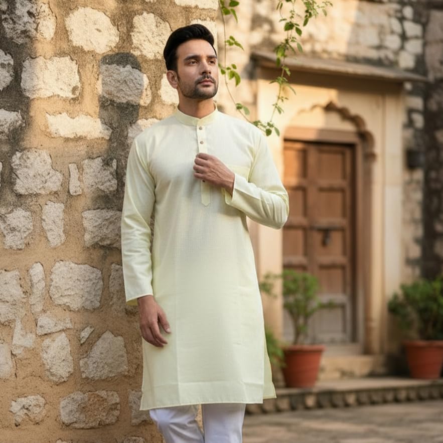 Image of Sadree Men's Cotton Long Solid Color Plain Knee Length Mandrin Collor Full Sleeve Ethnic Kurta Only