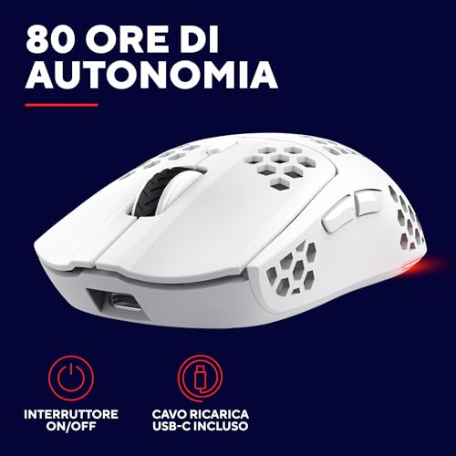 GXTrust 929W Helox Mouse Gaming Wireless Superleggero 75g, 80h di Durata Batteria, 2.4GHz Ricevitore USB, Regolazione DPI (800-4800), Illuminazione LED, Mouse Wireless Ricaricabile - Bianco - Mouse gaming - Immagine 4