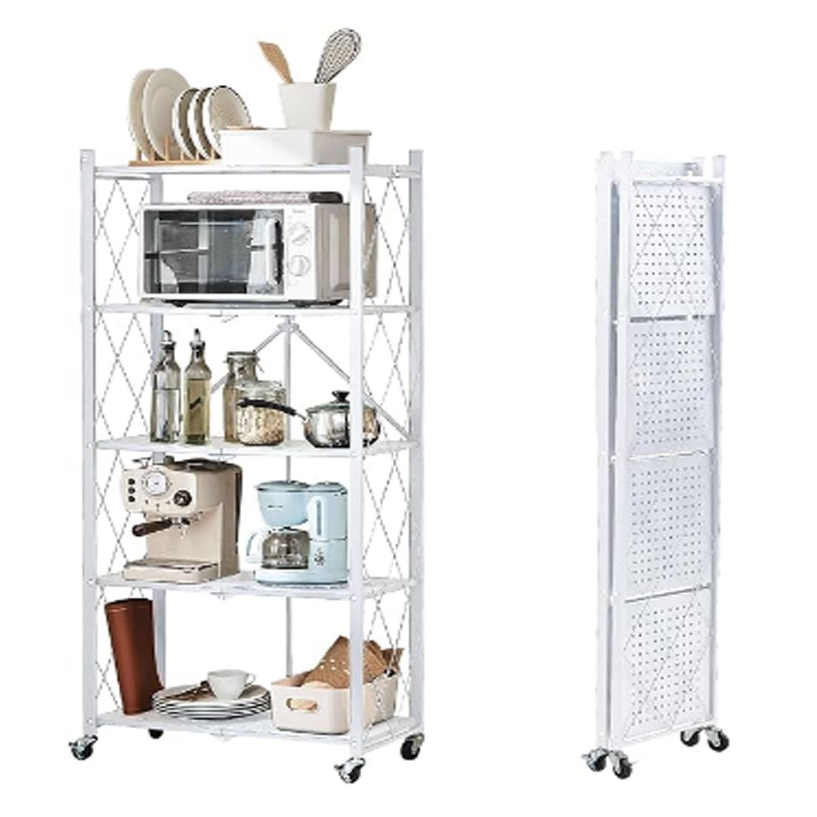 5-Niveaux Étagère de Stockage Pliable en Métal avec Roues, 28,15" W x 15,55" D x 62,60" H, Capacité de Chargement de 950 lbs, Etagère de L'assemblage sans Service(Blanc, 5-Niveaux)