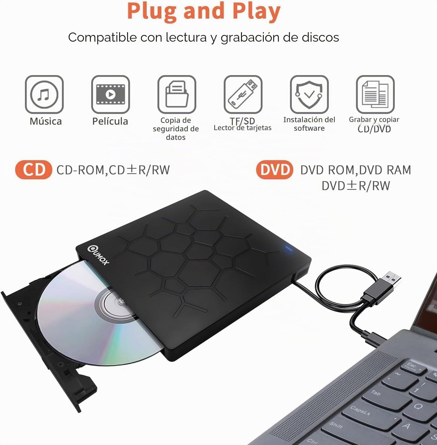 QUMOX Reproductor externo de DVD/CD USB 3.0 con 4 puertos USB y lector de tarjetas TF/SD, compatible con Windows/Mac/Linux